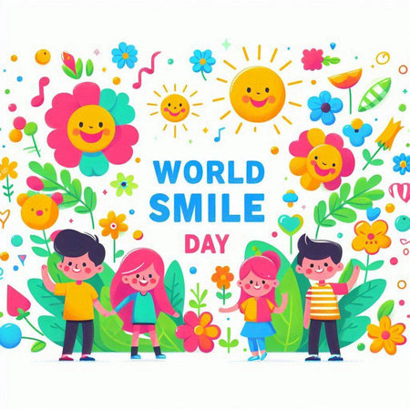 World Smile Day. Children with flowers and sun. Vector illustration.のイラスト素材