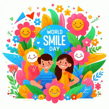 World Smile Day Vector Illustration. Happy Smiling Kids with Flowers and Leaves. International Children's Day.のイラスト素材