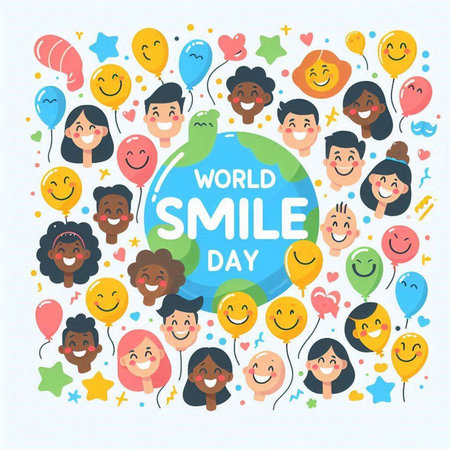 World Smile Day greeting card. Cute cartoon people. Vector illustration.のイラスト素材