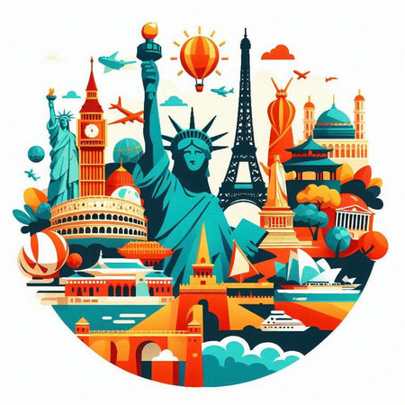 Travel around the world. Colorful illustration with famous landmarks of the world.のイラスト素材