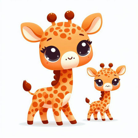 Cute cartoon baby giraffe with her mother. Vector illustration.のイラスト素材