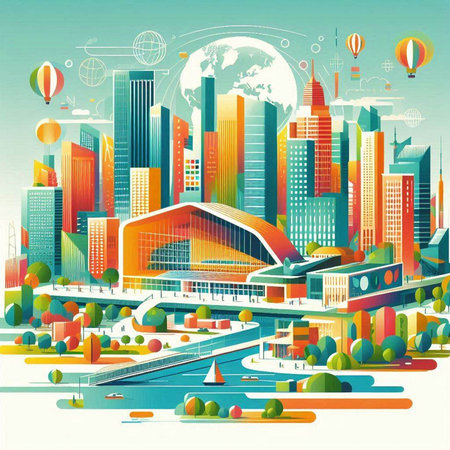 City landscape with modern buildings and skyscrapers. Vector illustration.のイラスト素材