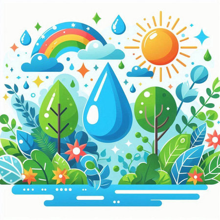Ecology concept with water drop, sun and trees. Vector illustration.のイラスト素材
