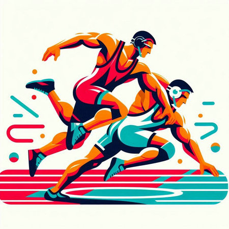 Athlete running on the finish line illustration in retro style.のイラスト素材
