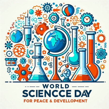 World science day poster with flat icons. Vector illustration in blue colorsのイラスト素材
