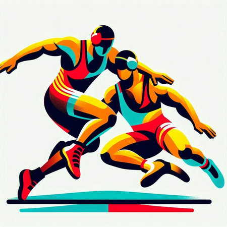 illustration of two athletes running on a race track, vector illustrationのイラスト素材