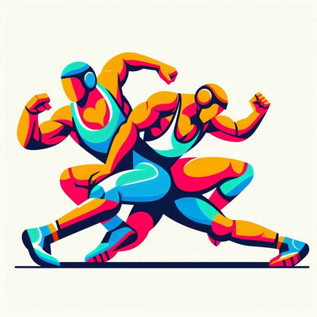 Running people, vector illustration. Colorful running man and woman.のイラスト素材