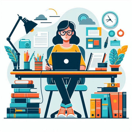Young woman working at home. Freelance, remote work. Vector illustration.のイラスト素材