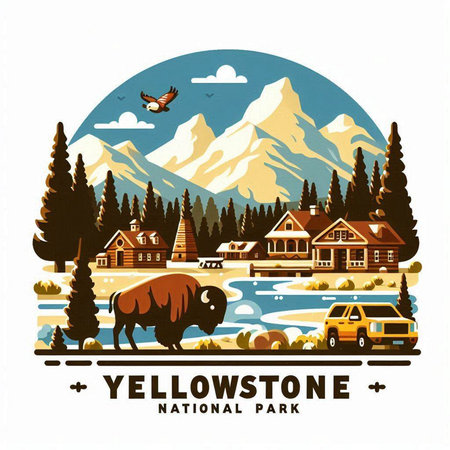 Landscape with mountains, forest and lake in retro style. Vector illustration.のイラスト素材