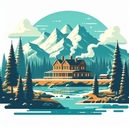 Winter landscape with mountains, lake, forest and house. Vector illustration.のイラスト素材
