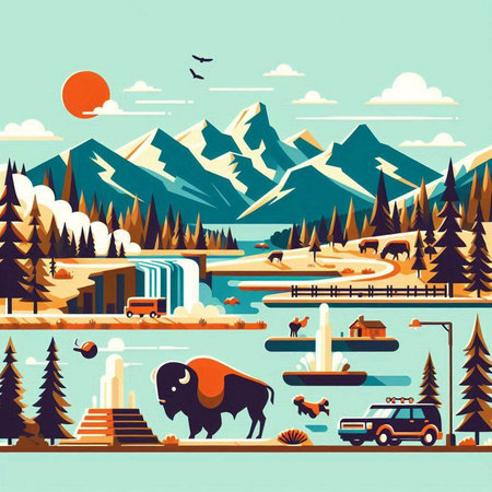 Vector illustration of mountain landscape with bison, road, lake, forest and mountains.のイラスト素材
