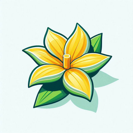 Illustration of a yellow flower with green leaves on a white backgroundのイラスト素材