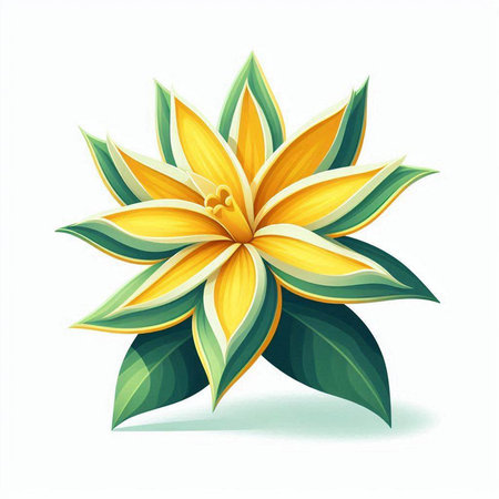Illustration of a yellow flower with green leaves on a white backgroundのイラスト素材