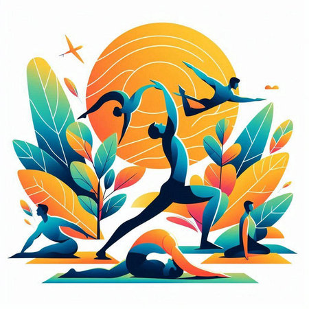 Silhouettes of people practicing yoga in the park. Vector illustration.のイラスト素材