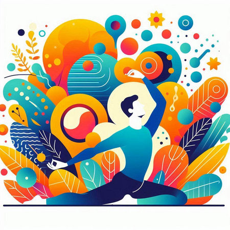 Vector illustration of young man practicing yoga. Colorful abstract background.のイラスト素材