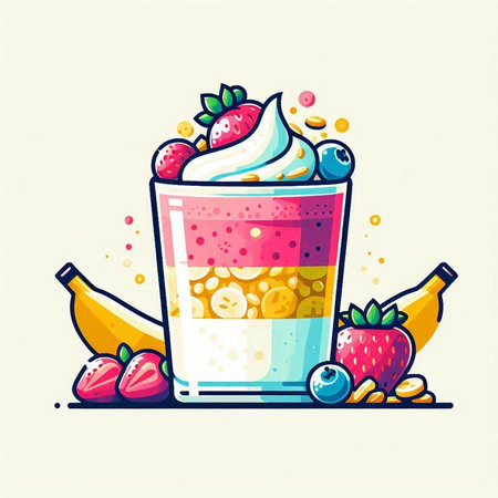 Healthy breakfast. Vector illustration of a milkshake in a glass with fruits and berries.のイラスト素材