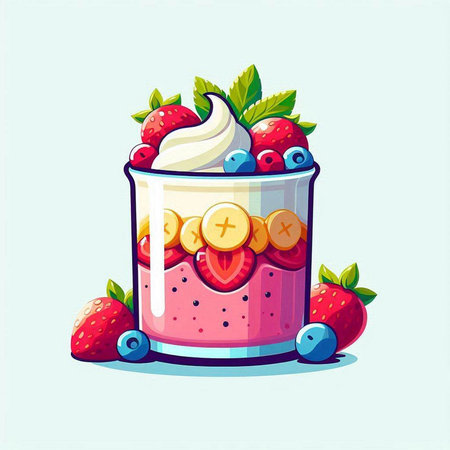 Vector illustration of a glass of yogurt with strawberries and blueberries.のイラスト素材