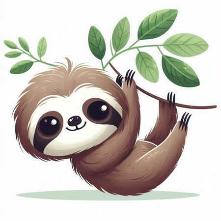Cute cartoon sloth hanging on a tree branch. Vector illustration.のイラスト素材