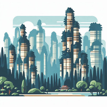 Cityscape with skyscrapers, trees and lake. Vector illustration.のイラスト素材
