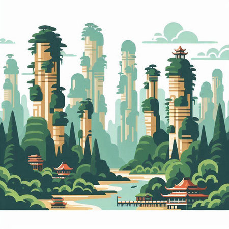 Futuristic city landscape with river and skyscrapers. Vector illustrationのイラスト素材