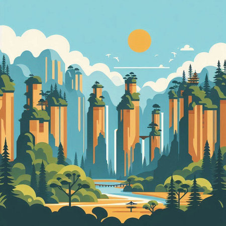 Landscape with mountains, forest and river. Vector illustration in flat styleのイラスト素材