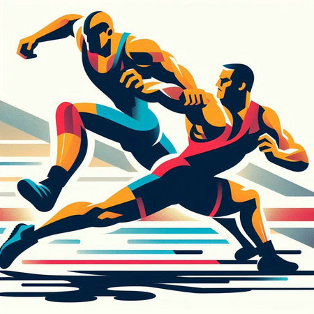 Illustration of two male athletes running in a race with abstract backgroundのイラスト素材