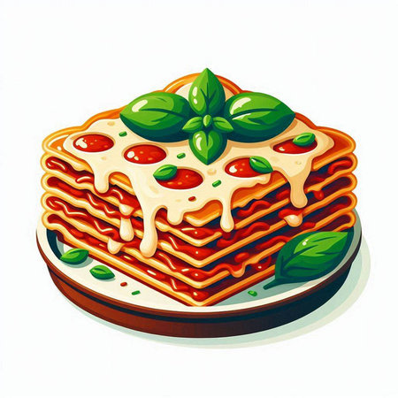Illustration of a stack of lasagna with tomato sauce and basilのイラスト素材