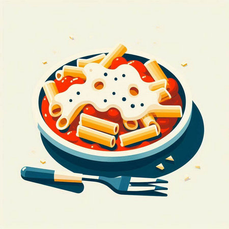 Pasta with tomato sauce and cheese on a frying pan. Vector illustration.のイラスト素材