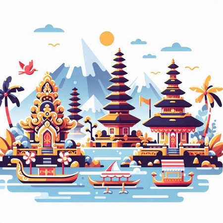 Buddhist temple on the shore of the sea. Vector illustrationのイラスト素材