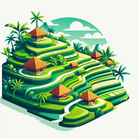 Terraced rice fields in Bali, Indonesia. Vector illustration.のイラスト素材