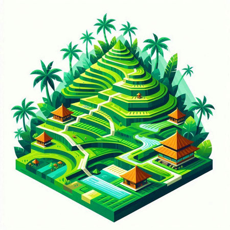 Isometric tropical landscape with rice terraces and houses. Vector illustration.のイラスト素材