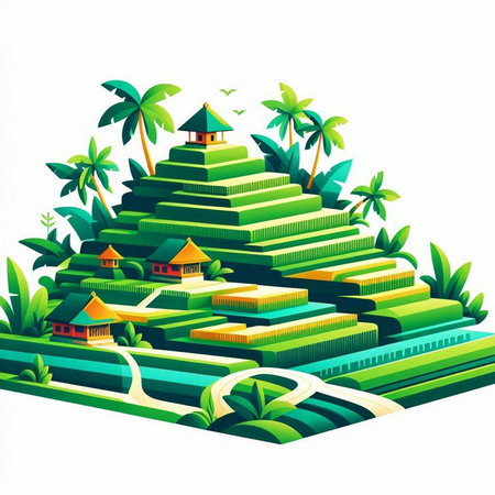 Vector illustration of island with palm trees and houses on white background.のイラスト素材