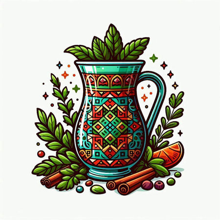 Hand drawn vector illustration of a jug with floral ornament and cinnamon.のイラスト素材