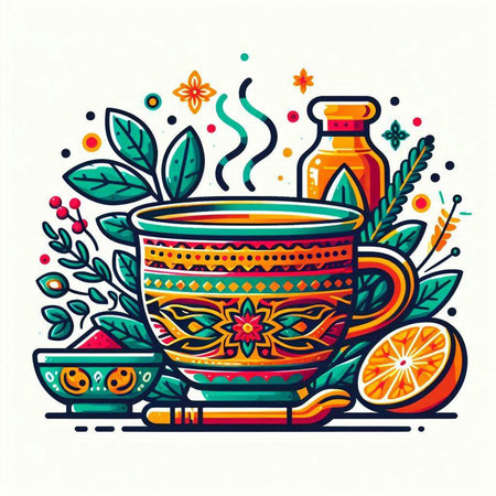 Cup of tea with orange and herbs. Hand drawn vector illustration.のイラスト素材