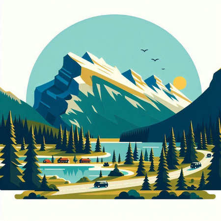 Mountains and lake in the forest. Vector illustration in flat styleのイラスト素材