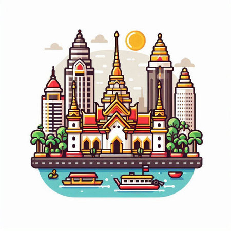 Thailand famous landmark in flat style. Vector illustration of bangkok cityのイラスト素材
