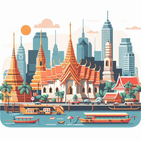 Bangkok cityscape with boats and pagodas, vector illustrationのイラスト素材