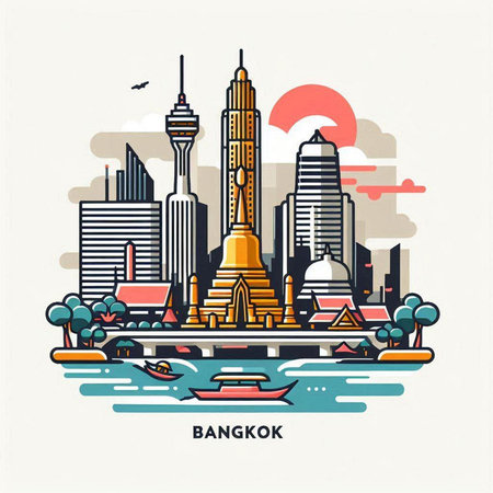 Bangkok city skyline in flat line art style. Vector illustration.のイラスト素材