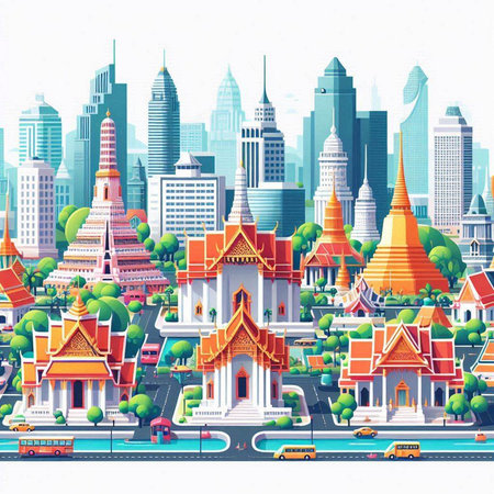 Vector illustration of Bangkok cityscape with famous landmarks. Travel and tourism concept.のイラスト素材