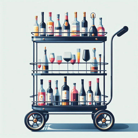 Illustration of a trolley with bottles of wine on a white backgroundのイラスト素材