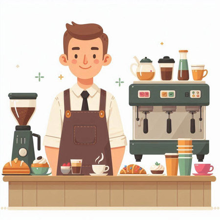 Coffee shop. Vector illustration in flat style. Barista with coffee equipment.のイラスト素材