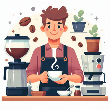 Coffee shop. Male barista making coffee. Vector illustrationのイラスト素材