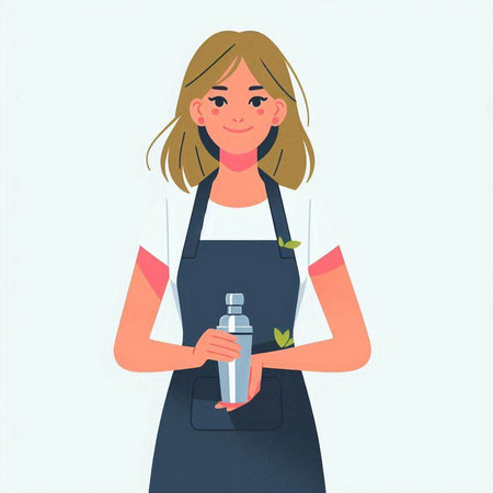 Girl barista in apron holding shaker. Vector illustration.のイラスト素材