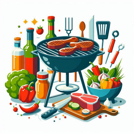 BBQ party. Grill with meat and vegetables. Vector illustration.のイラスト素材