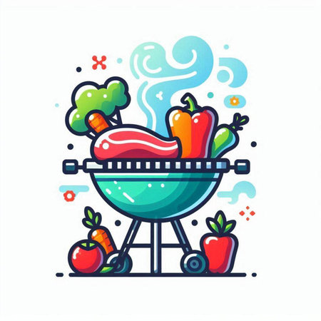 Fruit and vegetables on a barbecue. Vector illustration in cartoon style.のイラスト素材
