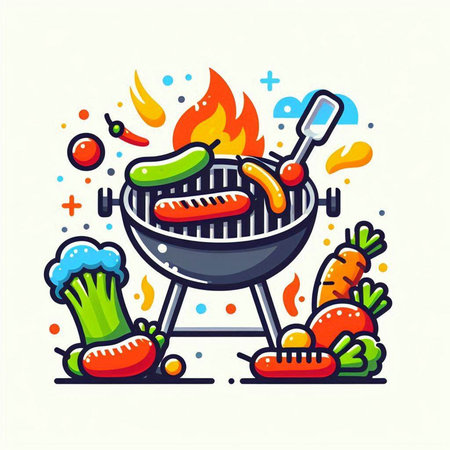 Barbecue grill with sausages and vegetables. Vector illustration.のイラスト素材