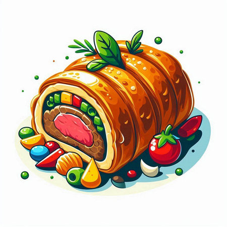 Vector illustration of a roll with meat and vegetables on a white backgroundのイラスト素材