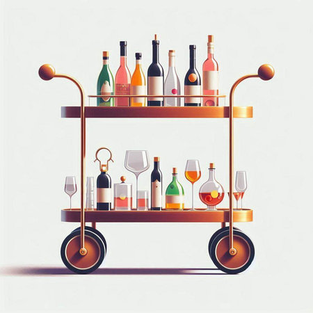 Bottles of wine on a trolley. Vector illustration in retro styleのイラスト素材