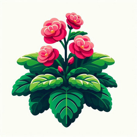 Illustration of a red flower with green leaves on a white backgroundのイラスト素材