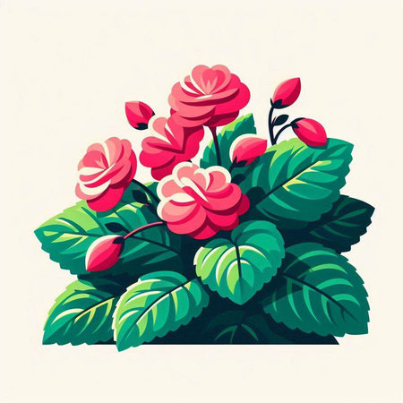 Flowering bush of red roses with leaves. Vector illustration.のイラスト素材